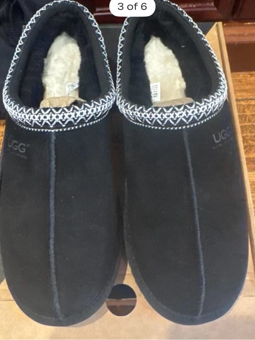 UGG men’s Black Suede Slip-On Moccasin Slippers with Patterned Trim